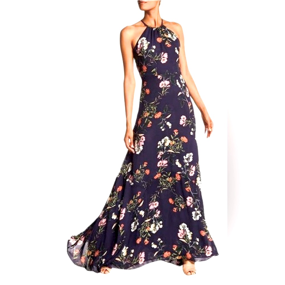 Parker Floral Halter Flowing Maxi Dress Silk High Low Size S Layering